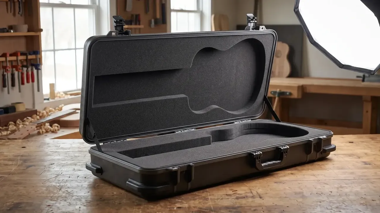 Sniper Rifle Case: black long case open on a wooden bench, grey foam cut to shape in lid and base, two front latches