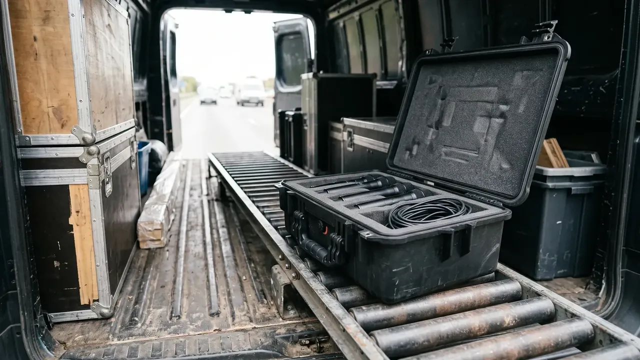 Sniper Rifle Case: black hard case open on roller tracks in a van, foam cavities in the lid, coiled cable inside, flight case beside