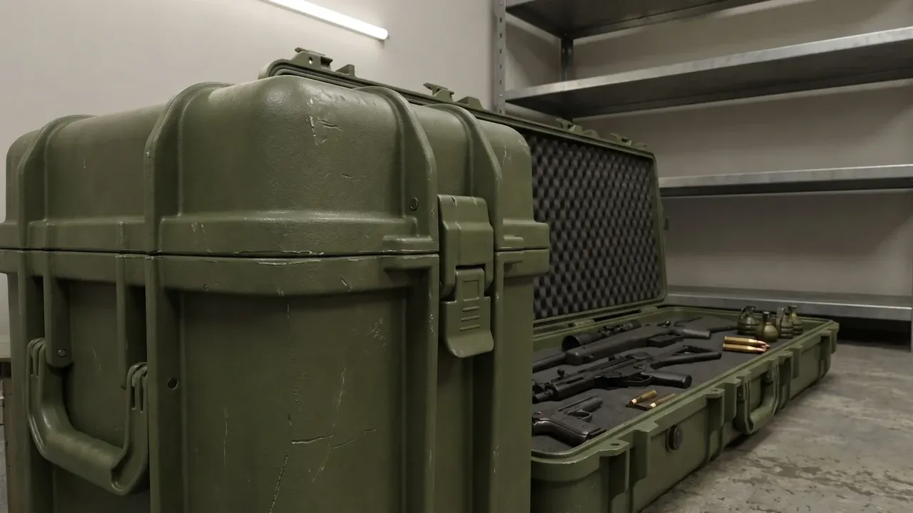 Sniper Rifle Case: olive-green long case open on concrete, convoluted foam lining the lid, thick rounded corners, wide latches, grey steel racking behind