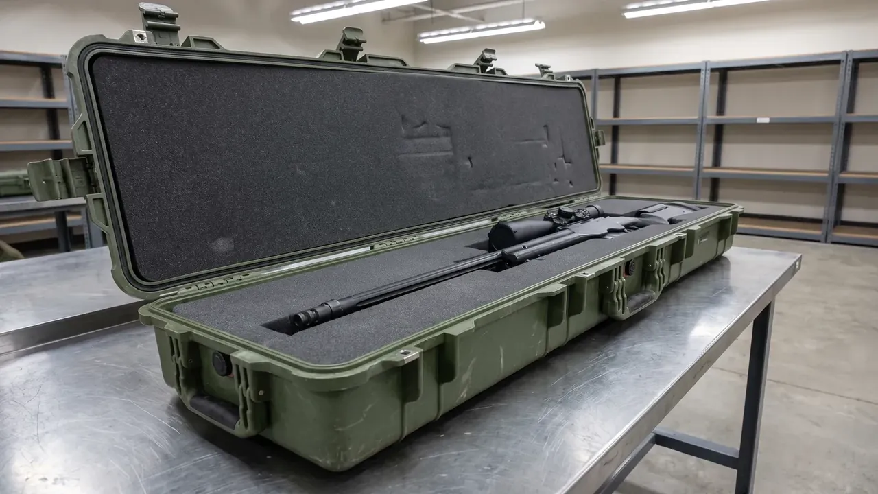 Sniper Rifle Case: olive-green long case lying open on a steel bench, lid upright with flat foam, long base cut-outs, wide latches, grey racking behind