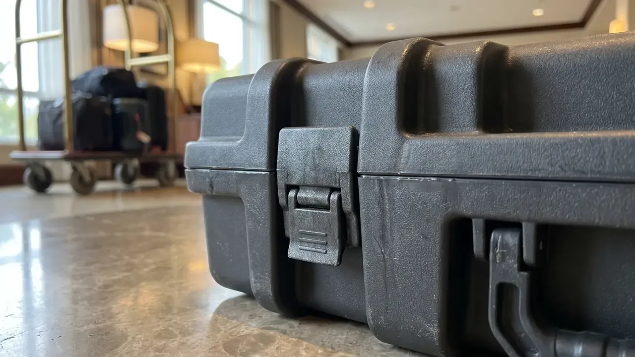 Sniper Rifle Case: black molded shell with two scuffed draw latches across the lid seam, stone floor