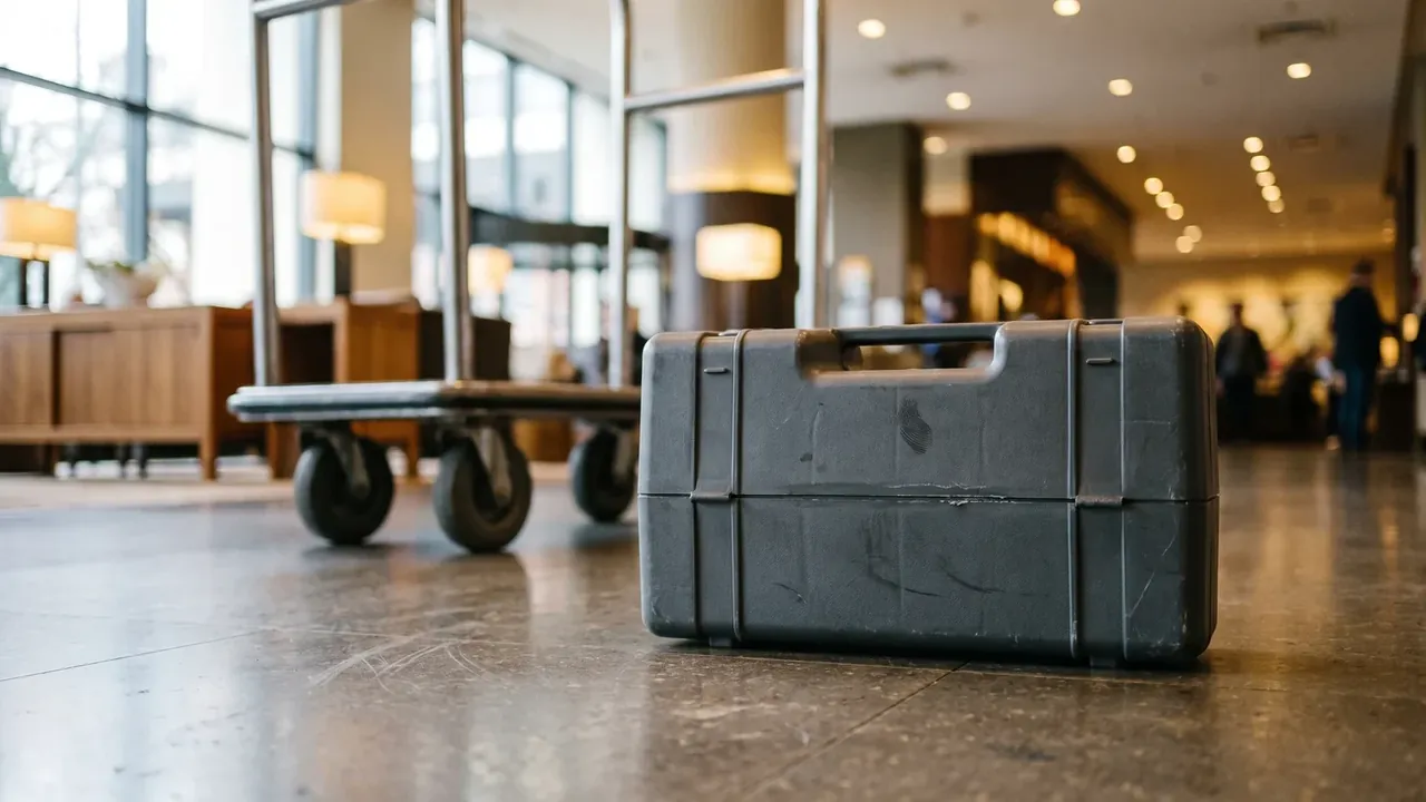 Sniper Rifle Case: dark grey shell lying on its side on lobby stone, scuffed and rubbed pale, handle facing the camera, cart behind, blurred figures
