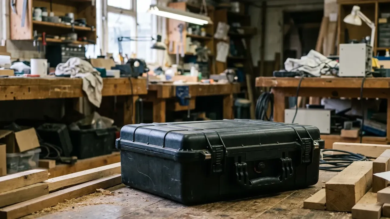 Sniper Rifle Case: black hard shell closed on a sawdust-covered timber bench, stacked offcuts in front, two latches and folding handle, lamps and benches behind