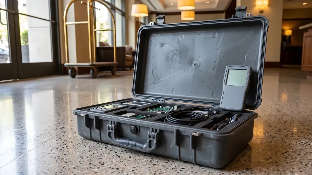 Sniper Rifle Case: open on a marble lobby floor, meter standing in the lid, foam cut-outs holding circuit boards and coiled cable, brass trolley behind