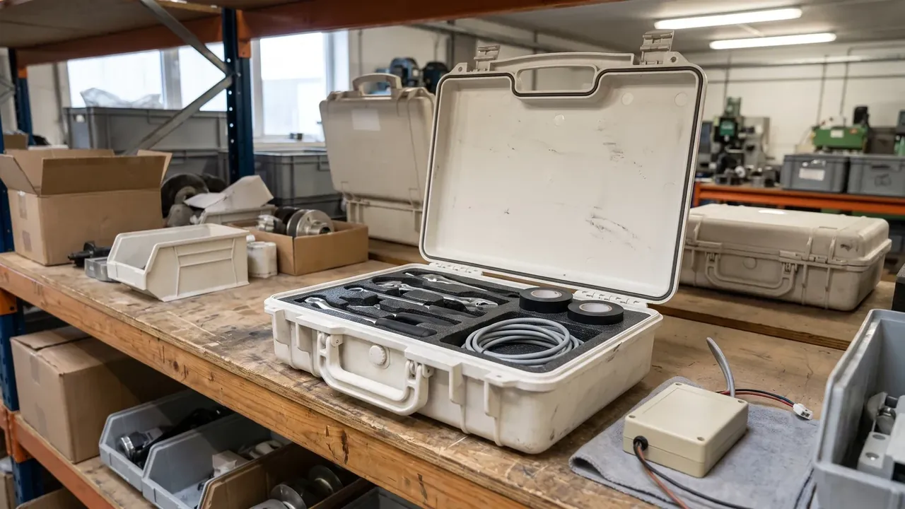 套筒工具塑料收纳箱：仓库木质货架上开盖一只米白箱，深灰泡棉长条槽内嵌着扳手与两只圆形黑罐，右侧一圈灰色线缆盘在槽里，后排还立着同款箱