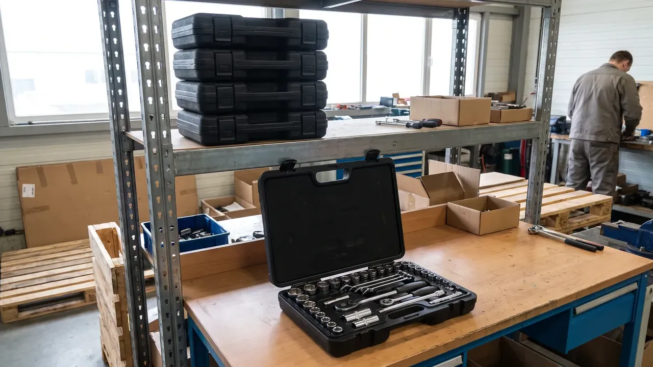 套筒扳手箱：车间货架上层叠放四只黑色合盖箱体，下方工作台上一只开盖，铬色套筒按直径排成一排，背景是木托盘与穿灰工装的作业员