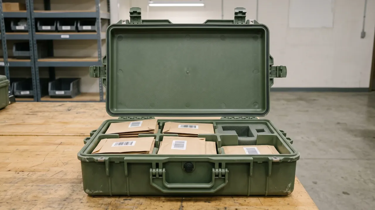 Custom military parts box used in the Upkeep, Cleaning, and Worn-Part Swaps stage for spare parts case