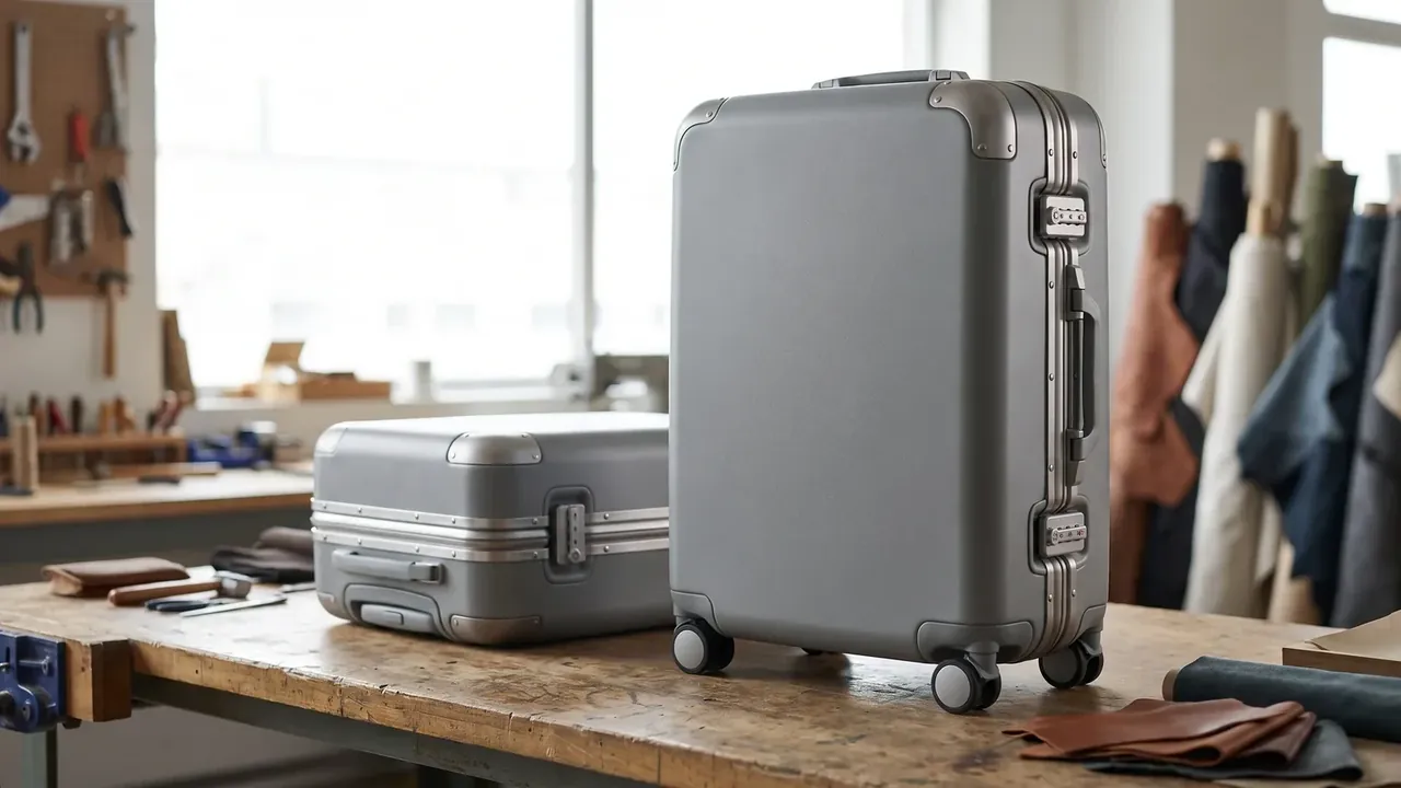 Special Forces Case: grey hard case on an old wooden bench beside a four-wheel trolley case, workshop with fabric rolls and tools behind