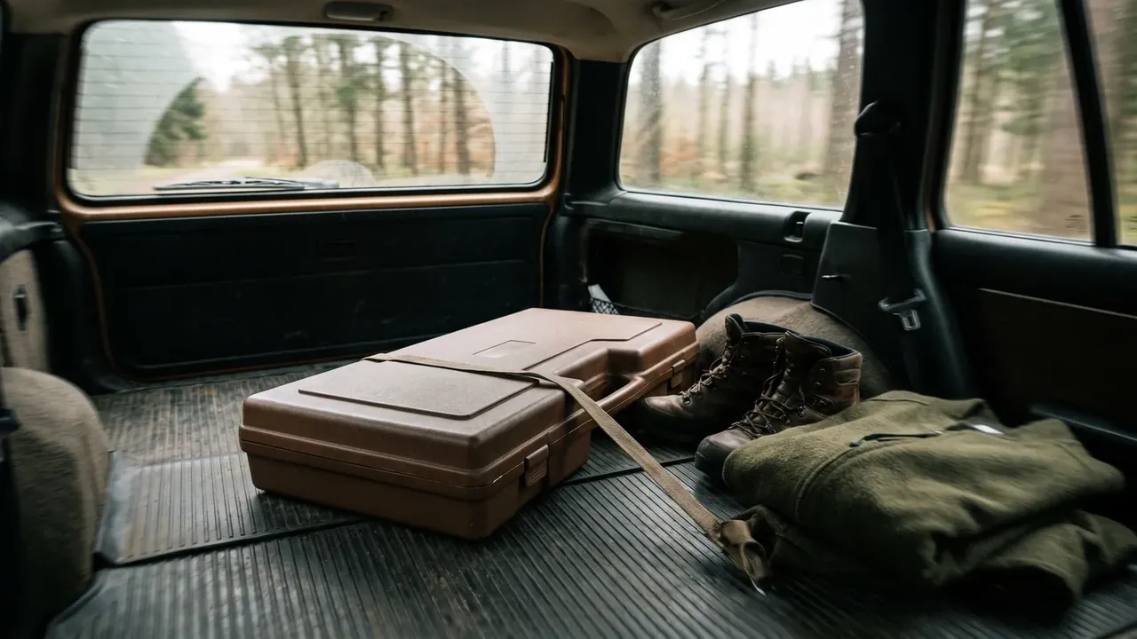 Special Forces Case: a tan case flat on a ribbed vehicle mat, webbing strap over the lid, brown boots and folded olive jacket alongside