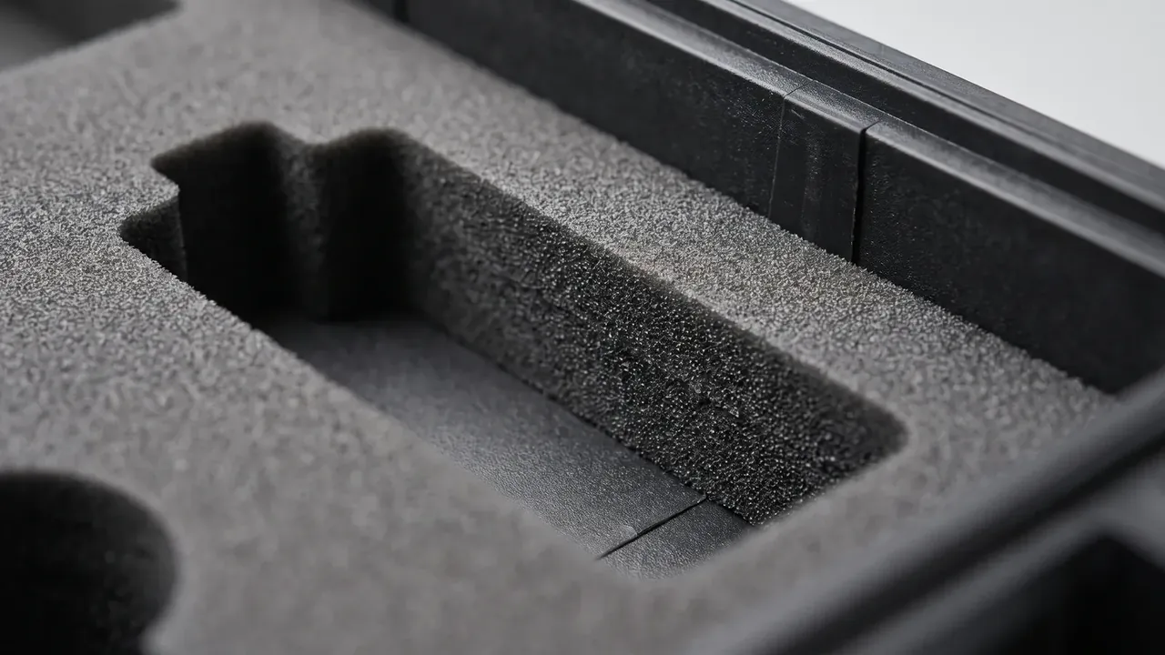 Specialized Plastic Case Design Services: black foam liner in a black case, a rounded rectangular pocket with a stepped end and a round hole nearby