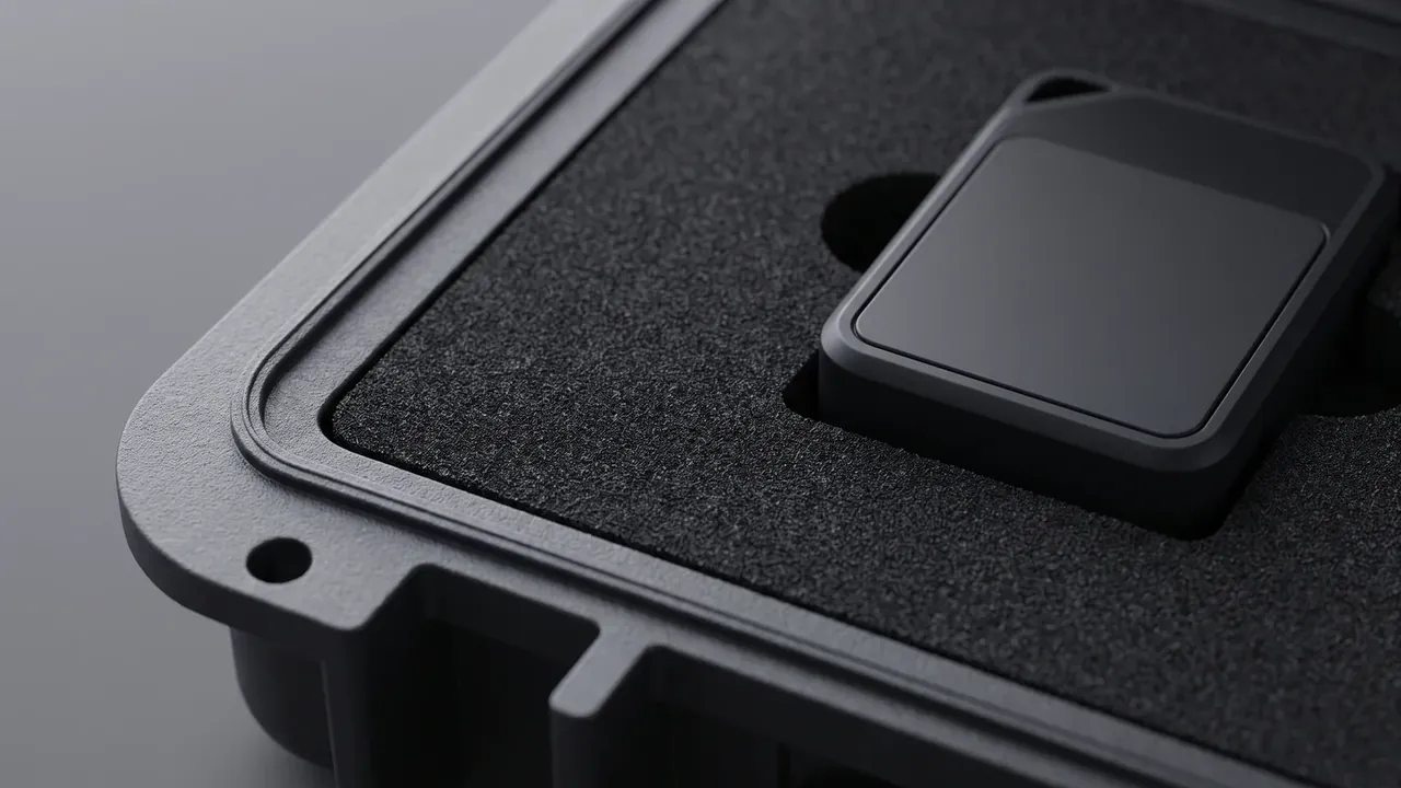 Specialized shipping and storage container: black corner close-up, continuous seal groove under the lid lip, thickened corner wall, grey foam pocket with a rounded panel