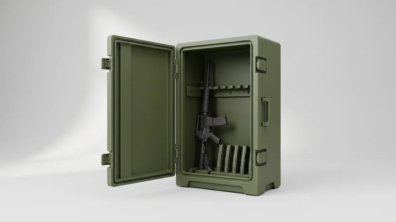 Specialized Shipping and Storage Container: green case, door open, black gasket around the opening, a rifle upright in the rack, five magazines at base