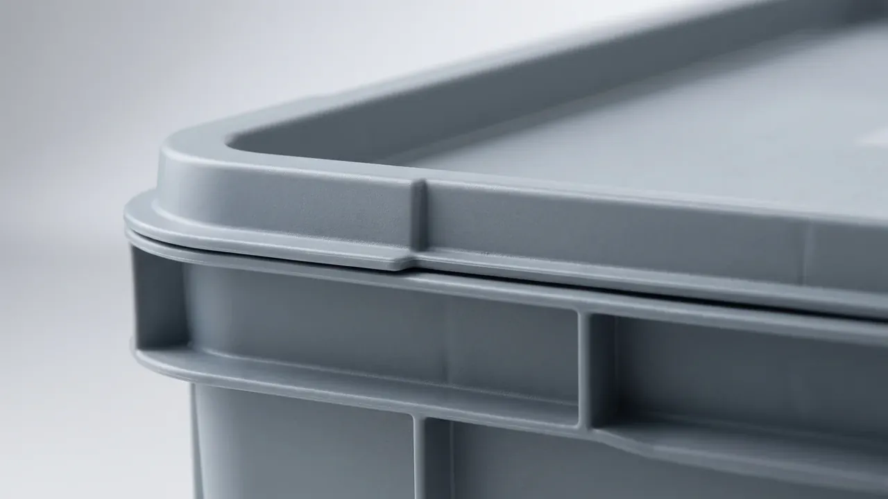 Specialized shipping and storage container: grey corner close-up, lid lip over the body rim, continuous joint line, vertical corner rib, horizontal band