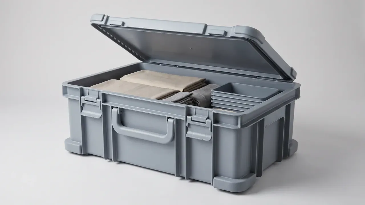 Specialized shipping and storage container: grey case open, folded khaki fabric inside, small grey tray, two latches beside a folding handle, corner pads