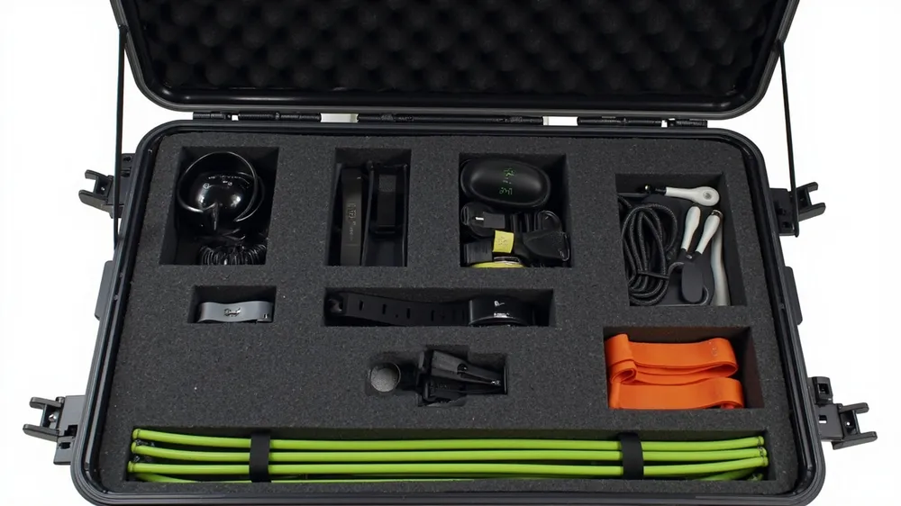 Pick-and-pluck foam holding a fitness tracker, bands and accessories