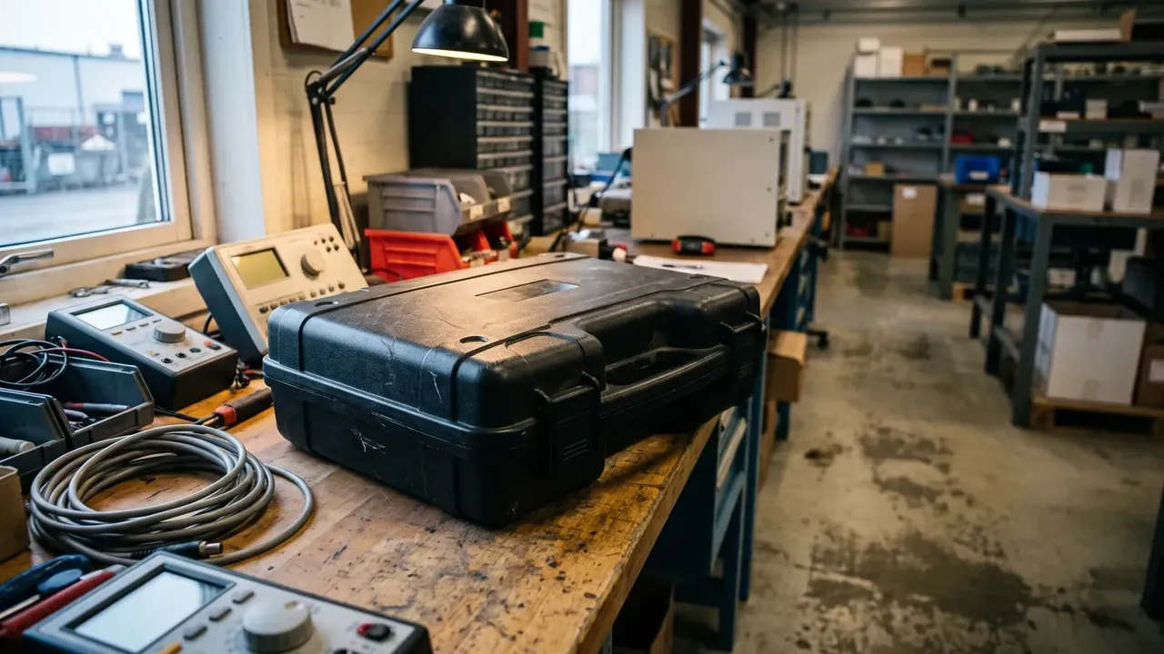 Stackable Container: a closed black case on a workshop bench, a moulded rib along its side, coiled grey cable in front, instruments and shelving behind