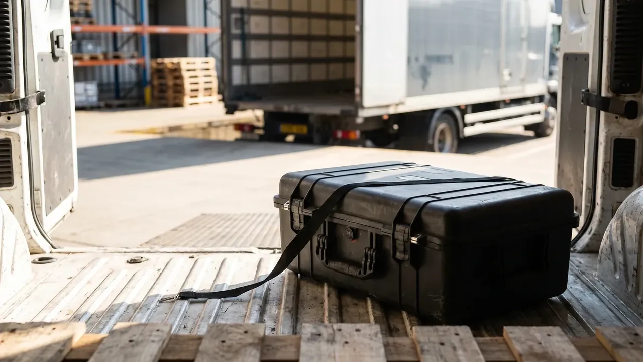 Stackable Container: a black case strapped down on a ribbed truck floor, open cargo door and timber pallets in the background