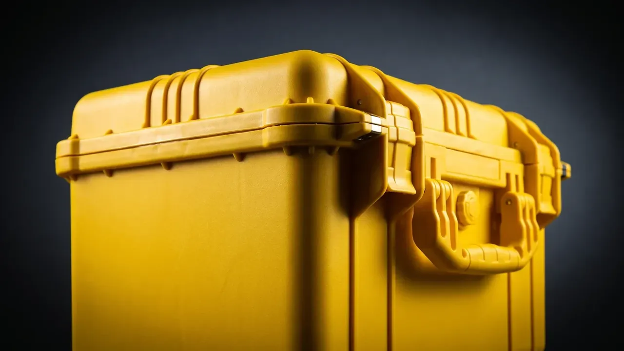 Stackable Container: close-up of a yellow case corner, four short ribs on the lid above the joint line, two side latches clamped, folded handle beside
