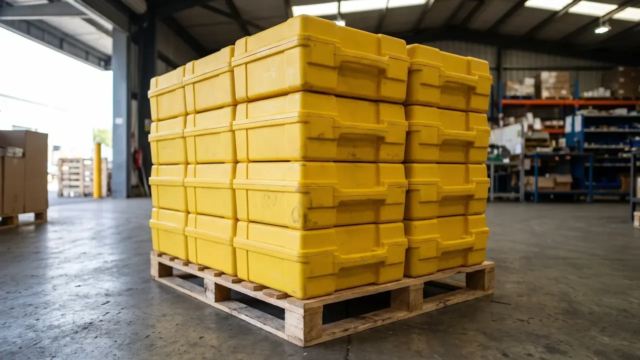 Stackable Container: yellow cases stacked five high on a timber pallet, three columns wide, blue racking and an open warehouse door behind