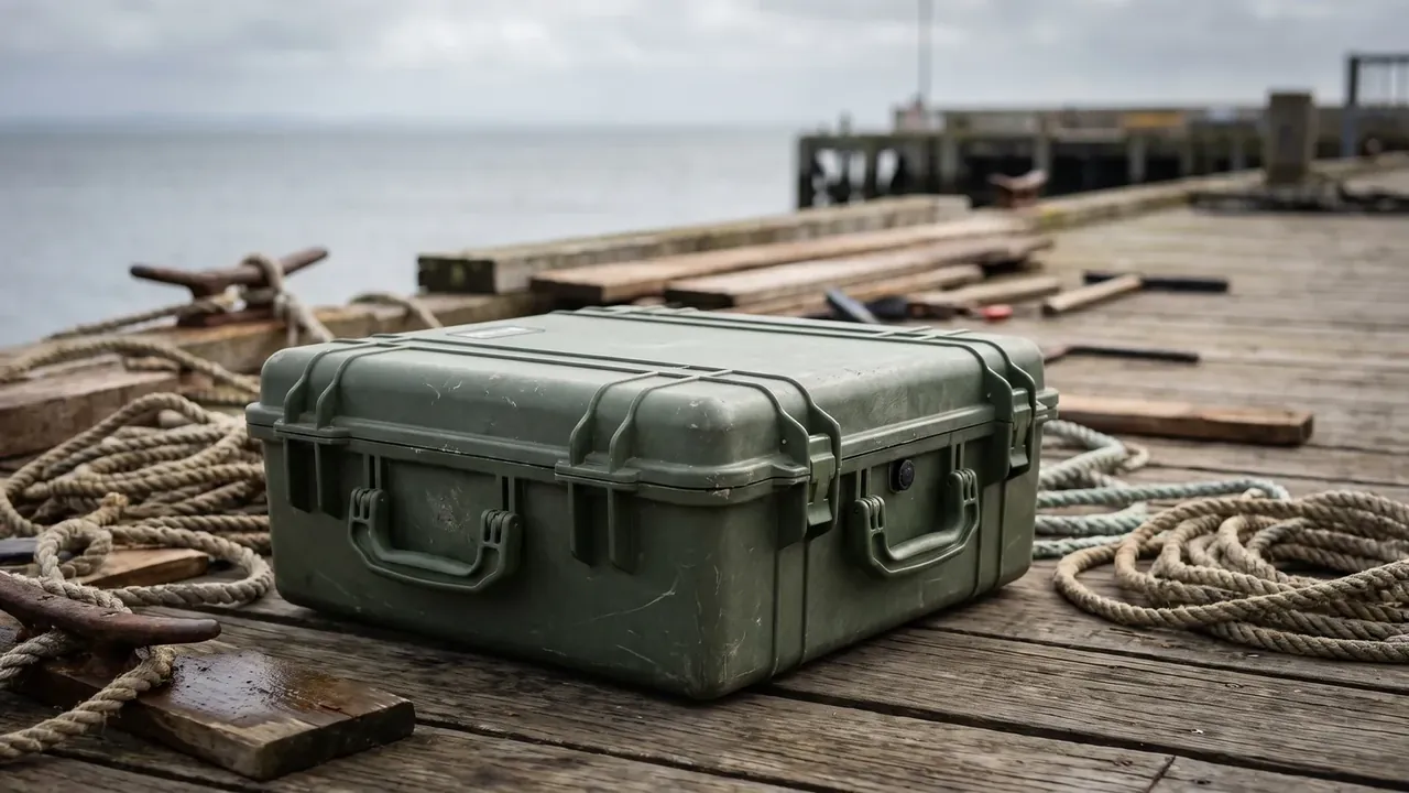 Stackable Container: a closed olive green case on wet timber decking, four latches, scuffed walls, a round pressure valve, rope coils and planks around it