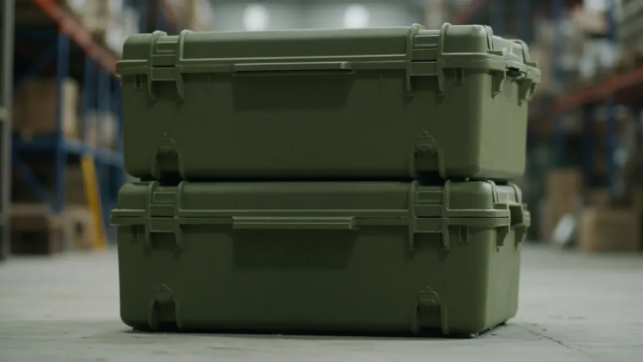 Two identical military-green cases stacked, upper base bosses seated in the lower lid recesses