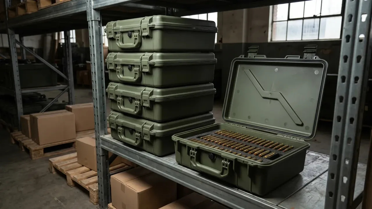 Four olive cases stacked on a steel shelf beside an open grid-foam case