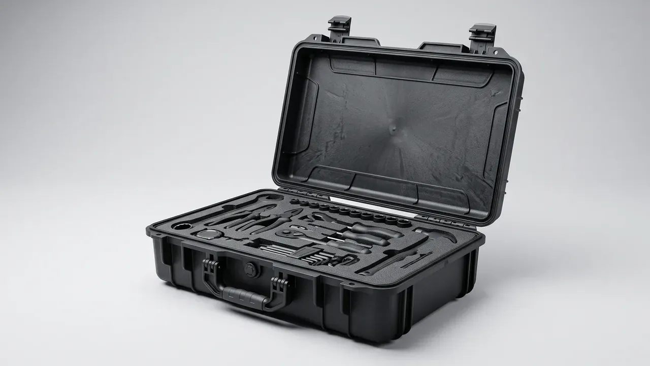 Black tool case opened to a moulded tray, every recess left empty