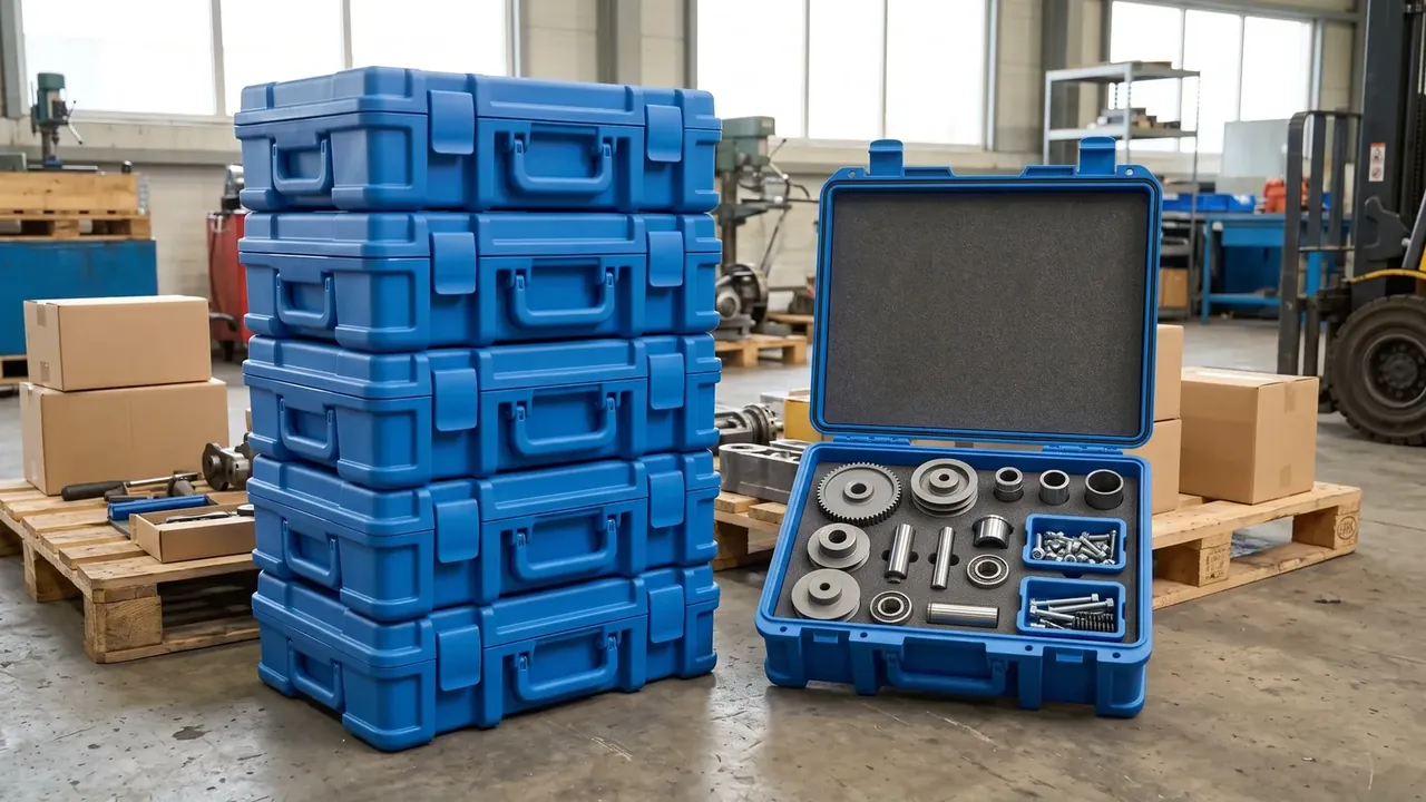 Five blue cases stacked straight on the floor, an open one holds bearings