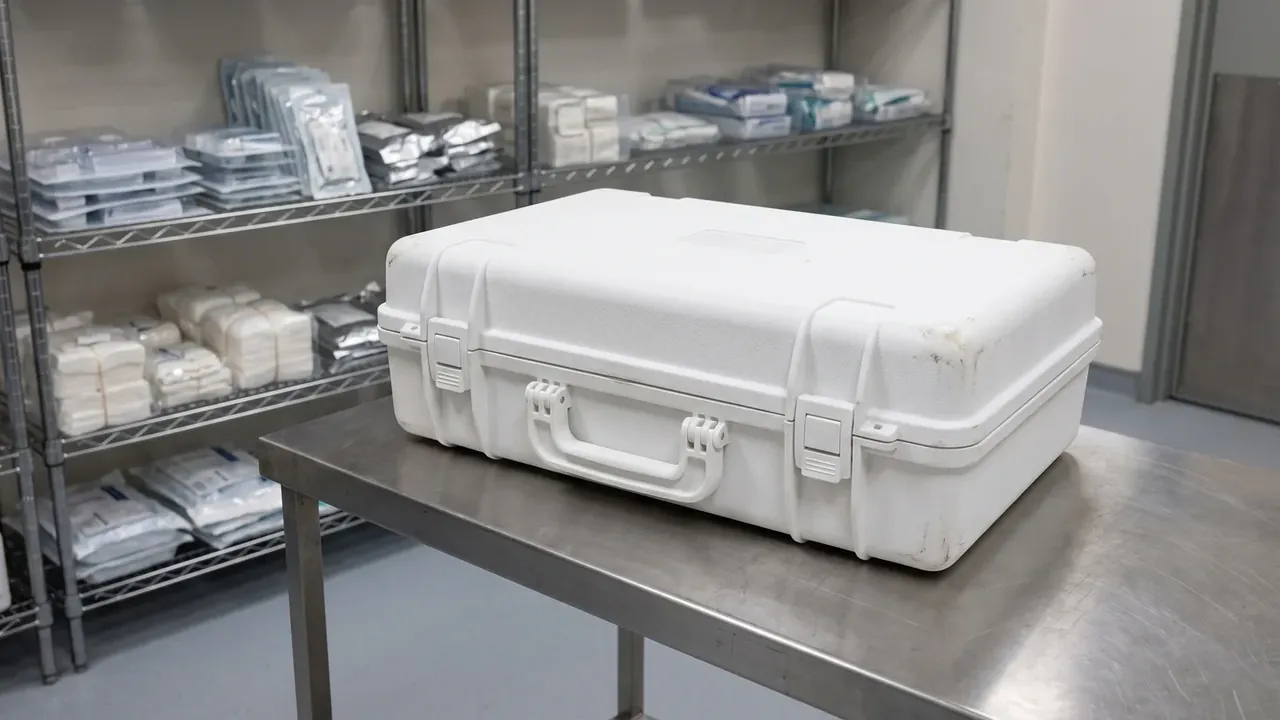White case closed on a steel table, shelves of bagged packs behind