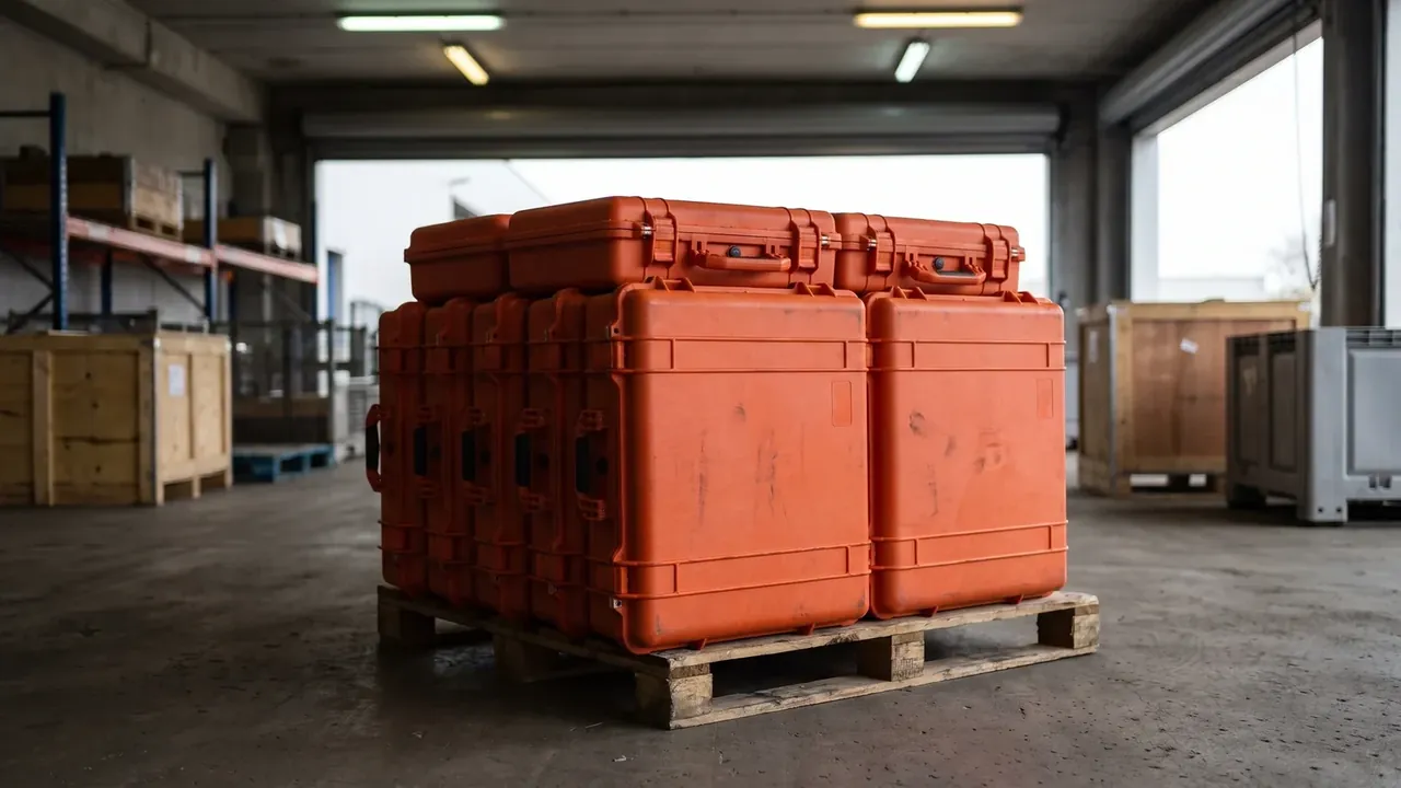 Stackable Container: eight orange cases stacked on a timber pallet in a workshop, two upright in front, two lying on top, scuffed surfaces, racks behind