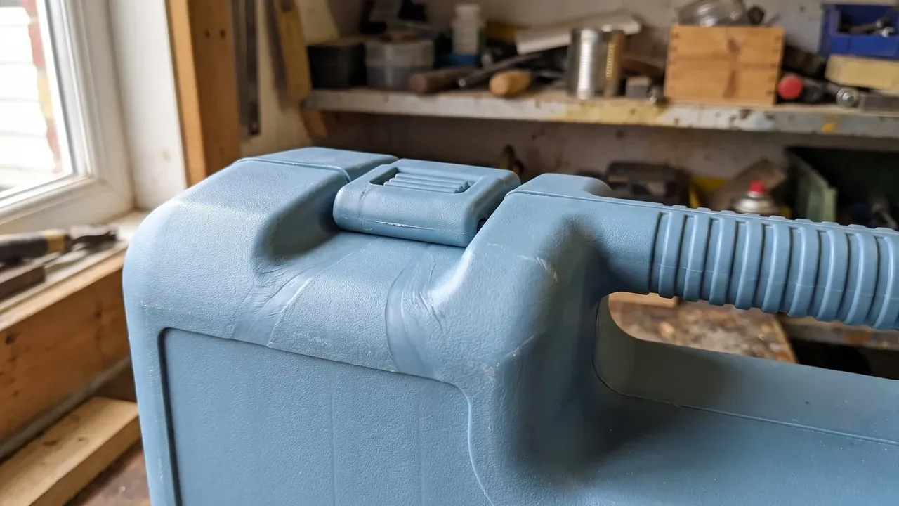Stackable plastic storage case: top corner of a blue-grey case by a workshop window, a recessed locating groove in the lid, ribbed grip
