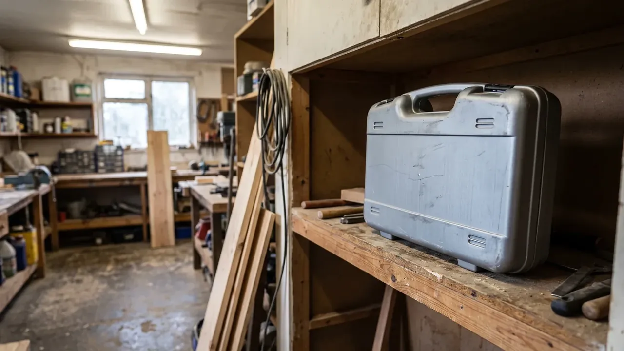 Stackable plastic tool storage box: silver grey body standing on a timber shelf in a workshop, coiled cable beside it, benches and a window behind