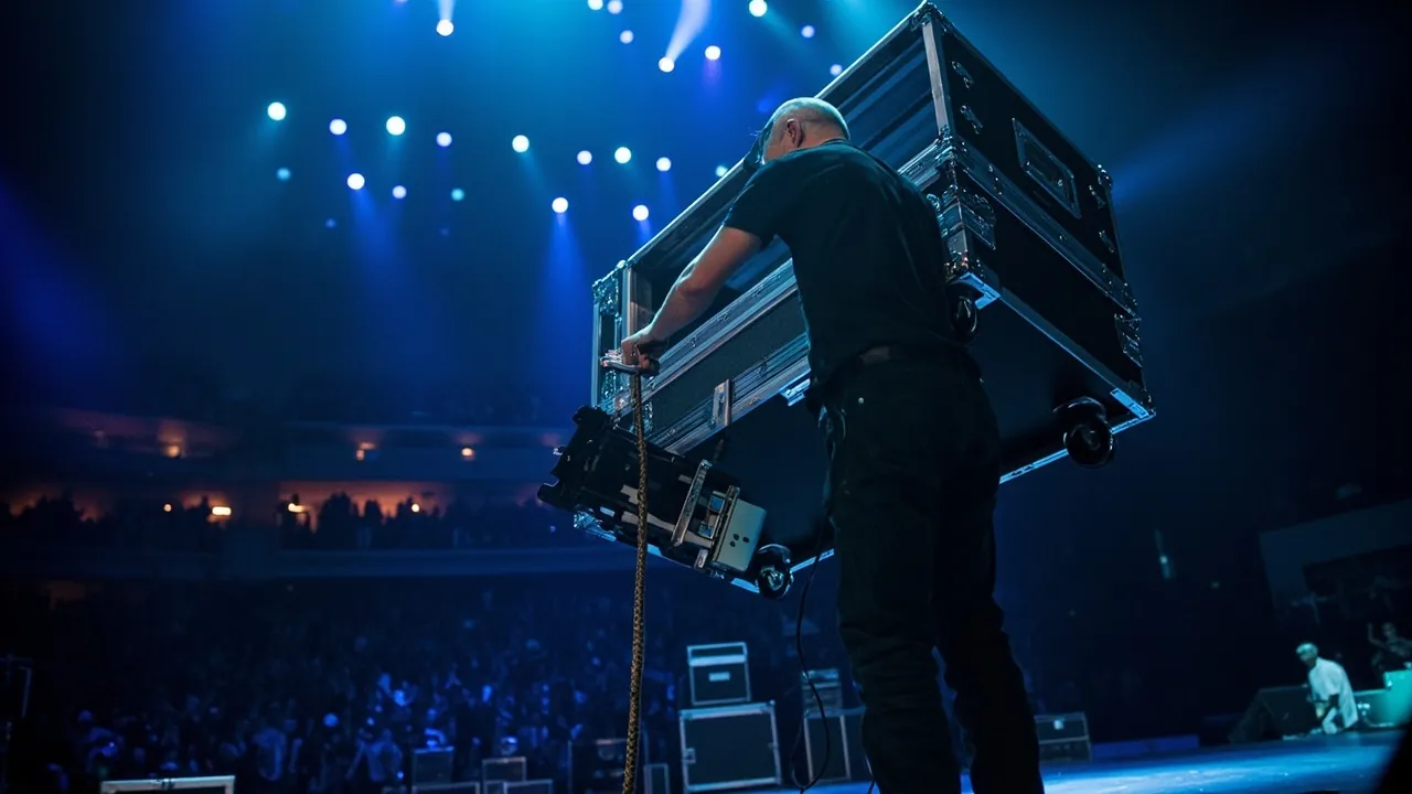 Touring road case open at concert venue