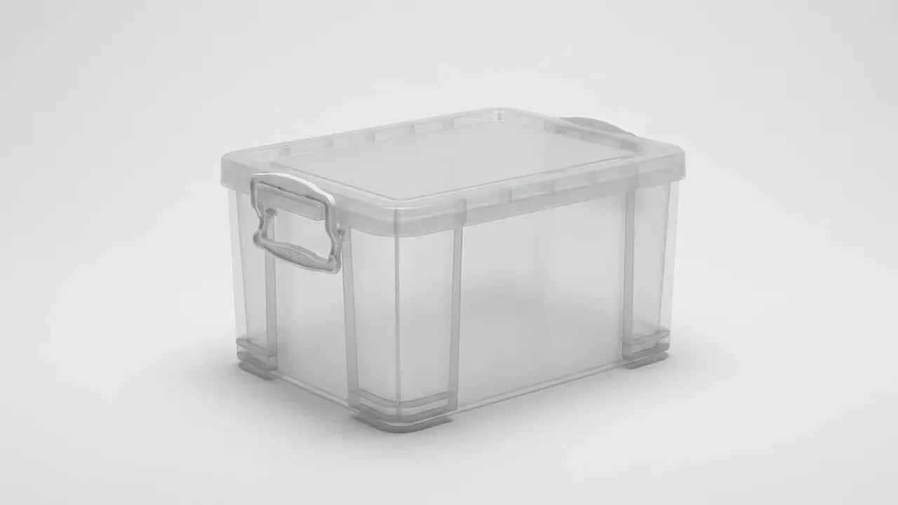 Storage Box: one translucent white square storage box on a white sweep, thick rim, a silver folding handle on the left wall