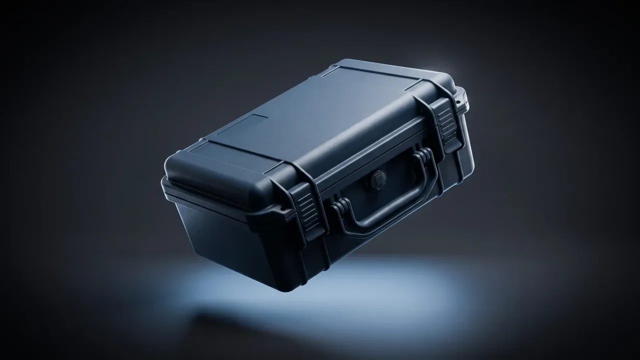 Storage Case: one navy case tilted on a dark sweep, two latches and a folding side handle, round valve on the side