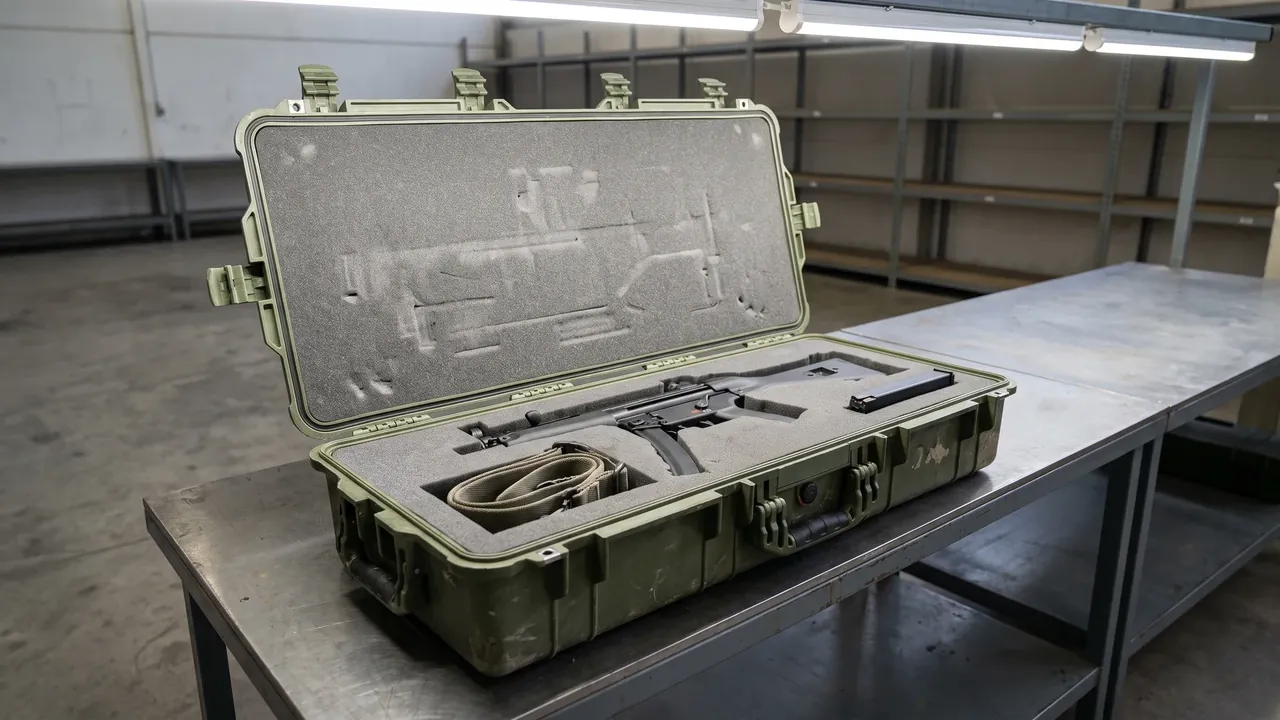 Custom submachine gun storage case used in the Shock Absorption and Retaining: Drop Energy and Cushion Gradients stage for submachine gun storage