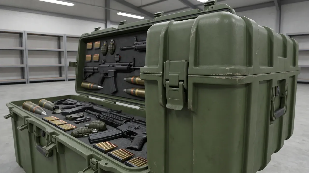 Interior of an open submachine gun storage box showing the insert layout