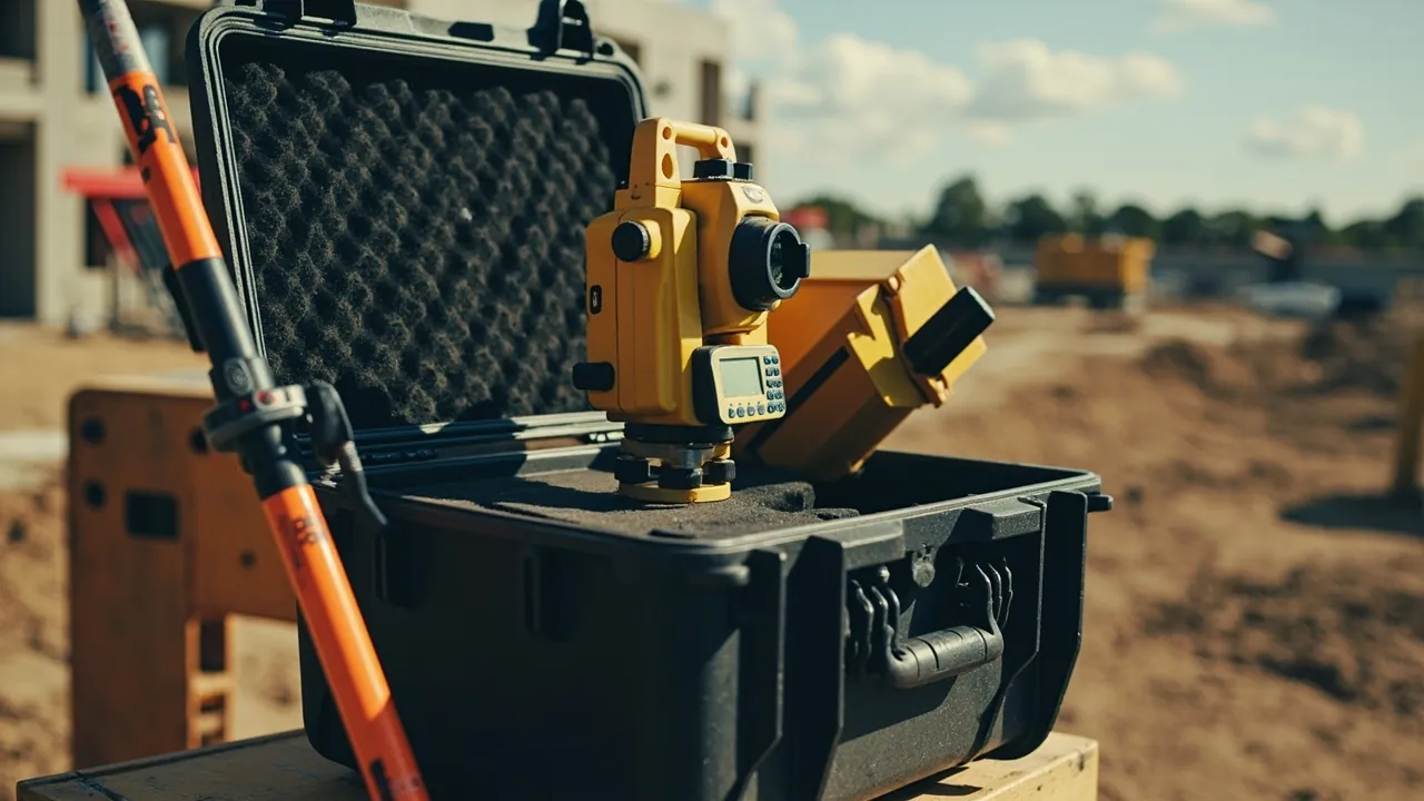 Survey case open at construction site