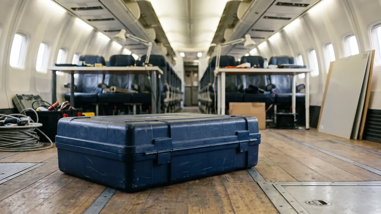 Tactical Equipment Case: a navy closed case on a wooden cabin floor, scuffed shell, two near-side latches, tool boxes and a coiled hose