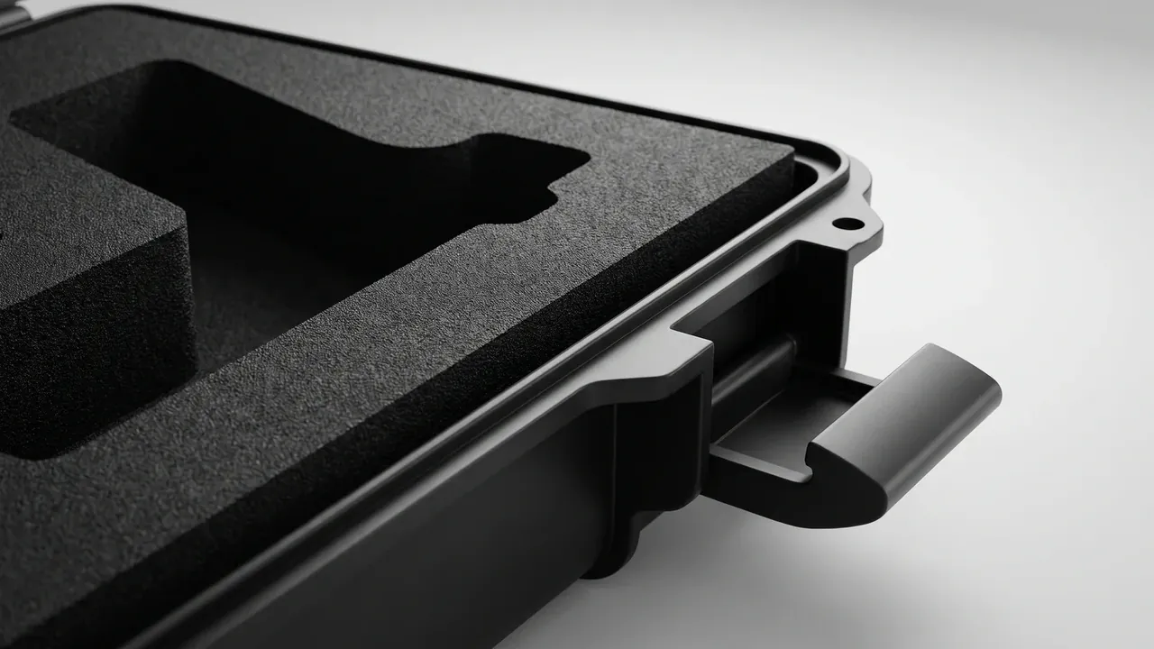 Tactical hard case: corner close-up with black cut foam inside the open lid, a long slot and a notched cavity, one latch half open