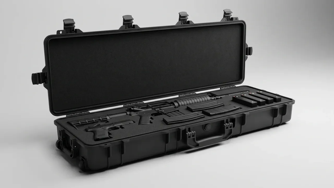Tactical hard case: long black case open, four latches along the rim, foam cut for a rifle, a pistol and magazines