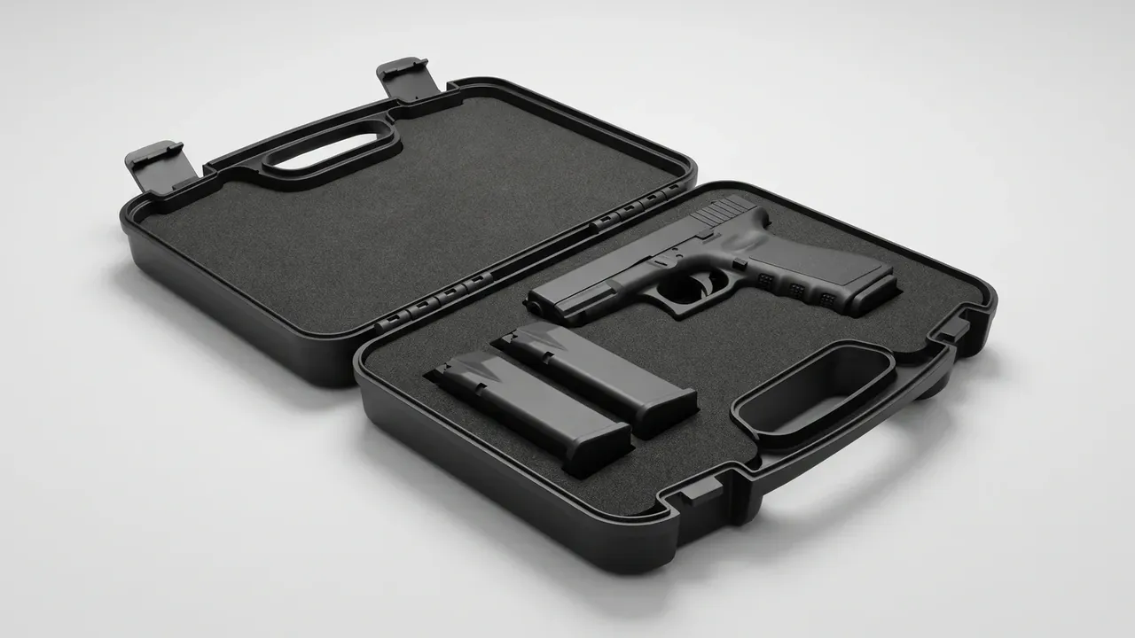 Tactical hard case: compact case laid flat and open, flat foam and two latches in the lid, foam cut for a pistol and two magazines