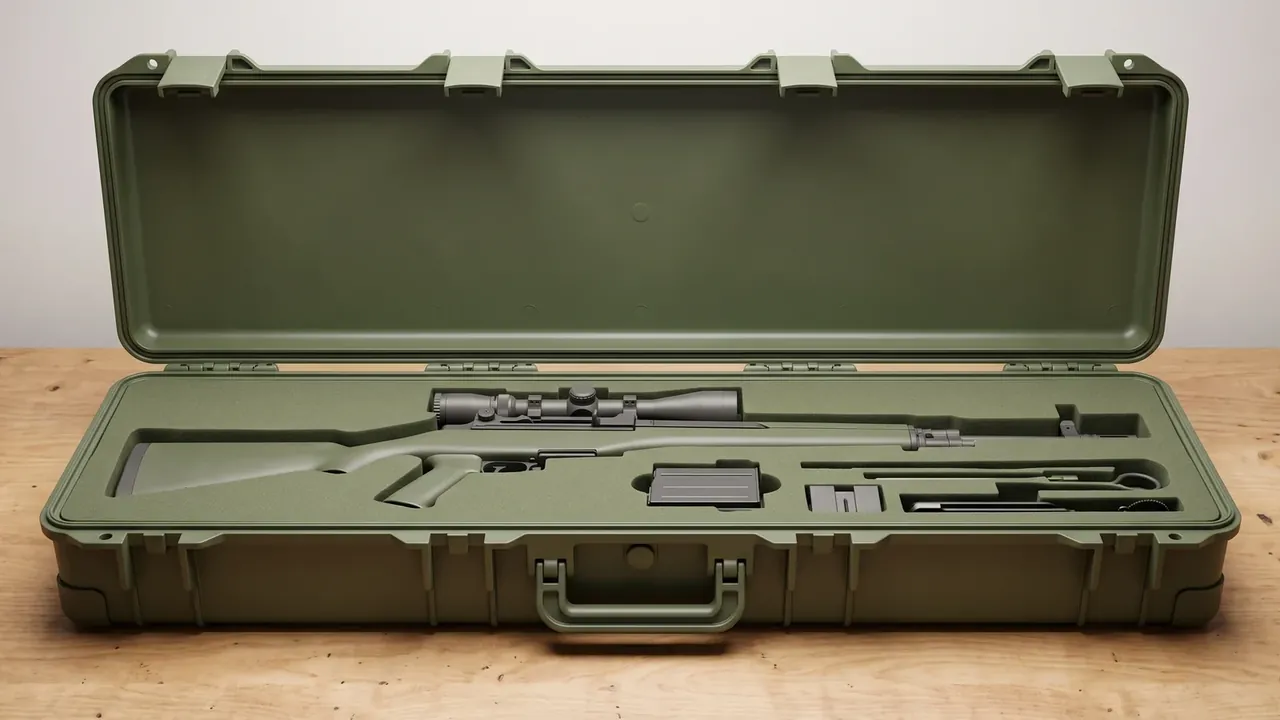 Tactical hard case: olive green case open on a wood table, a long foam channel and square cutouts, molded center handle