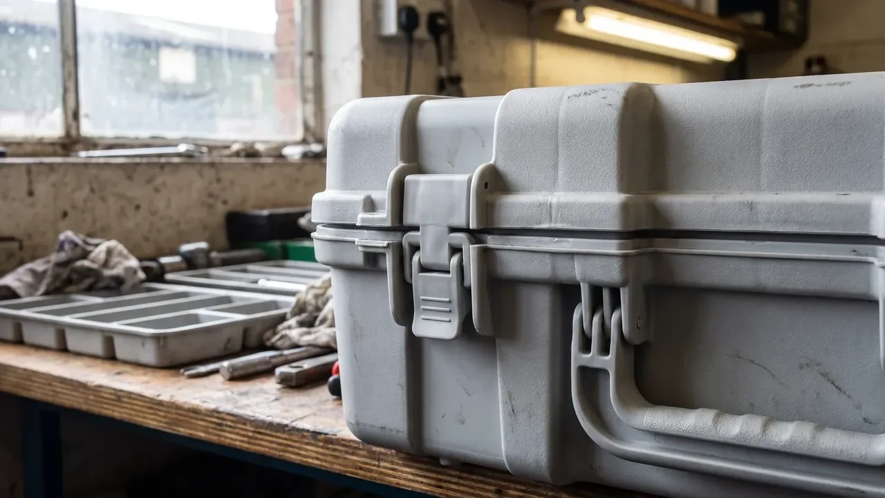 Tactical Hard Case: two light grey closed cases on a worn workbench, front one with folding handle, grey compartment trays and tools beside it
