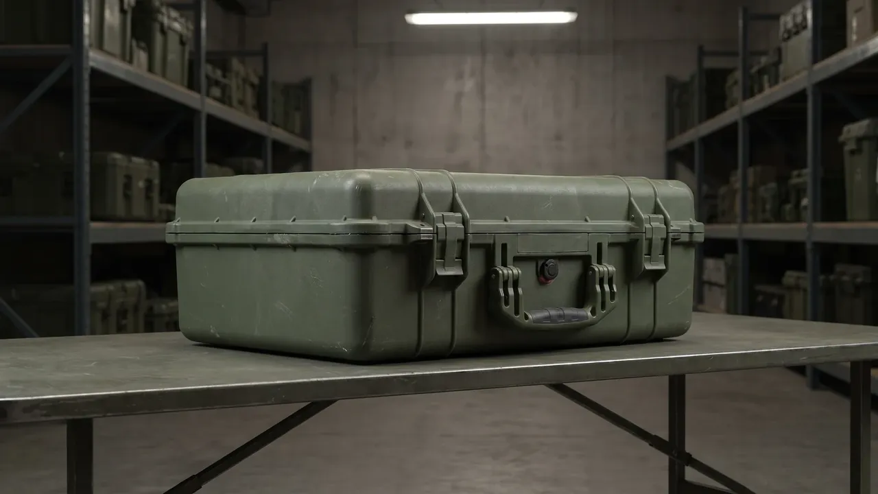 Custom tactical hard case used in the Shell Materials and Molding Processes: Rotomolded HDPE, Injection, Aluminum stage for tactical hard case