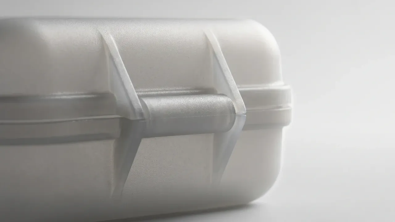 Tactical Hard Case: close up of a white shell side, a folding handle flanked by two triangular ribs, the lid seam running across the wall