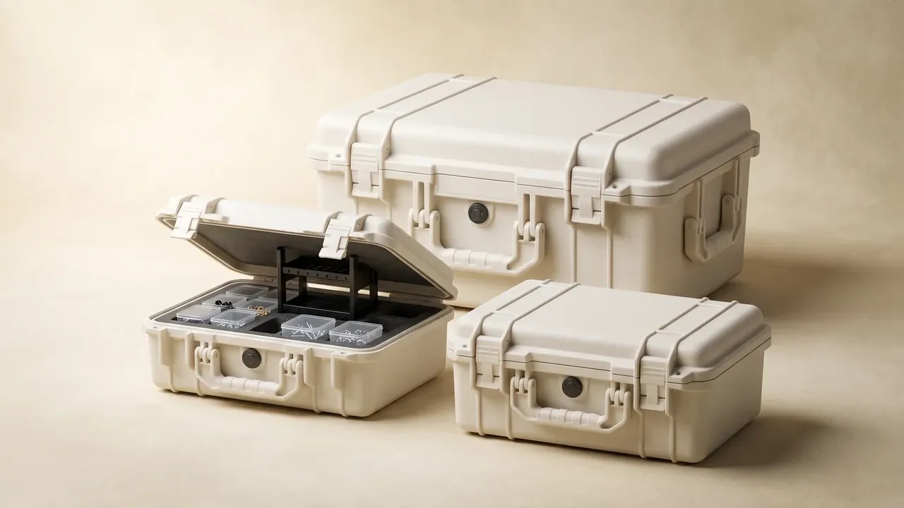 Tactical Hard Case: three sand-coloured cases on beige, two closed, middle one open with clear trays in black foam