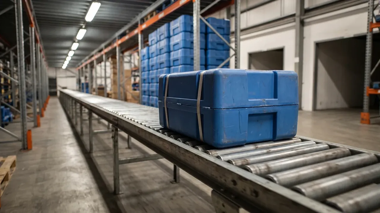 Telescopic handle plastic case: a blue case strapped to a roller conveyor, stacked blue cases on racking behind, orange uprights and ceiling lights