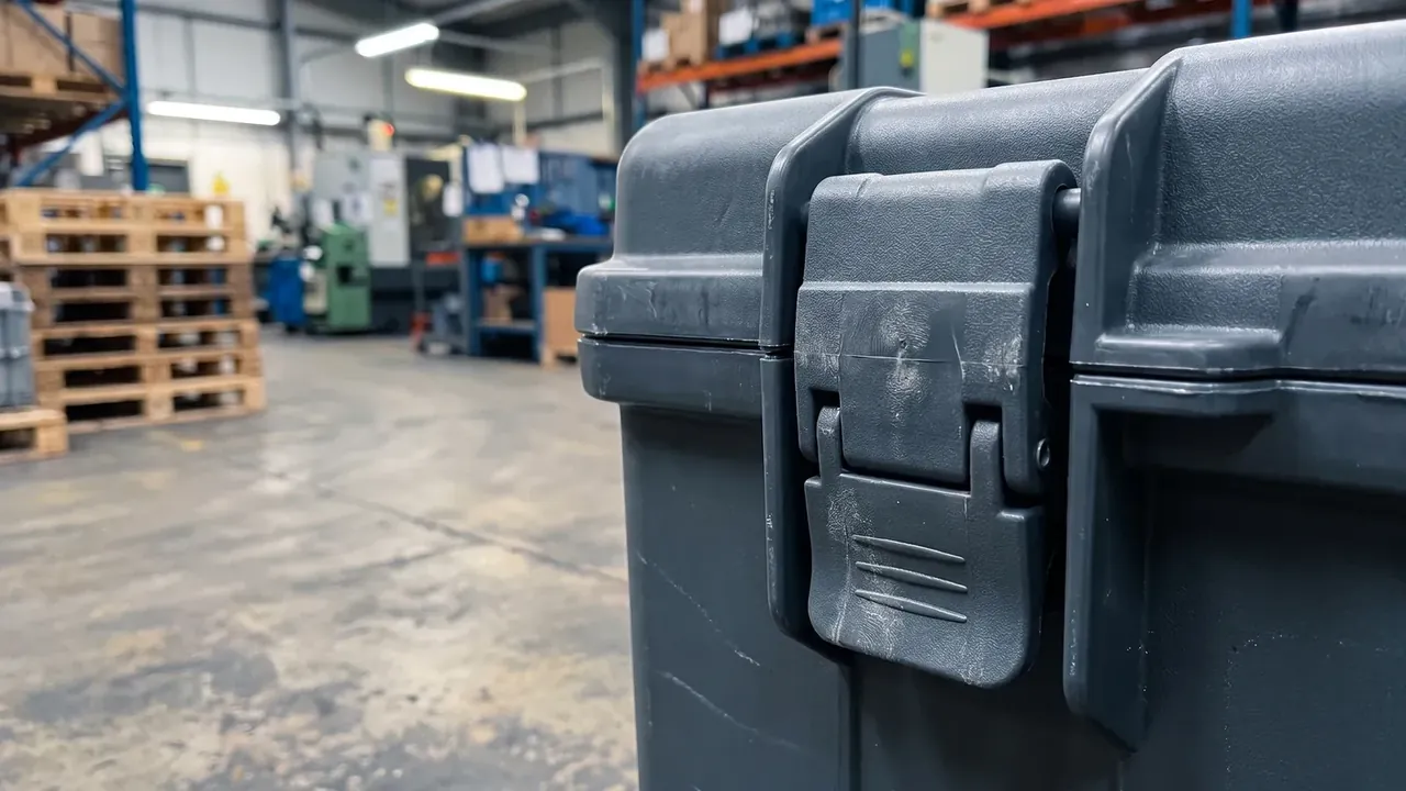 Telescopic handle plastic case: charcoal case latch clamping the lid, two raised ribs beside it, pallets and a green machine tool behind