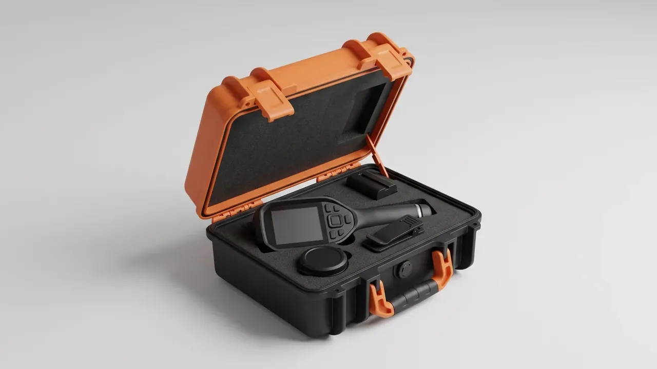 Temperature-Controlled Case: orange hard case with lid raised, black foam cradling a handheld screen device, a black clip and a round cap beside it